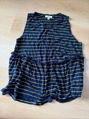 Max Studio Navy Tank Top with Yellow Stripes